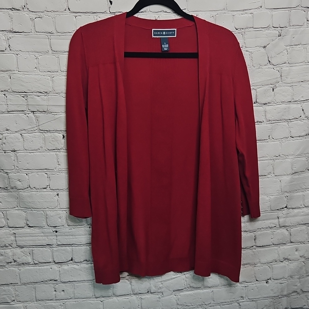 Karen Scott Cardigan Rose Red Open Front Size Small